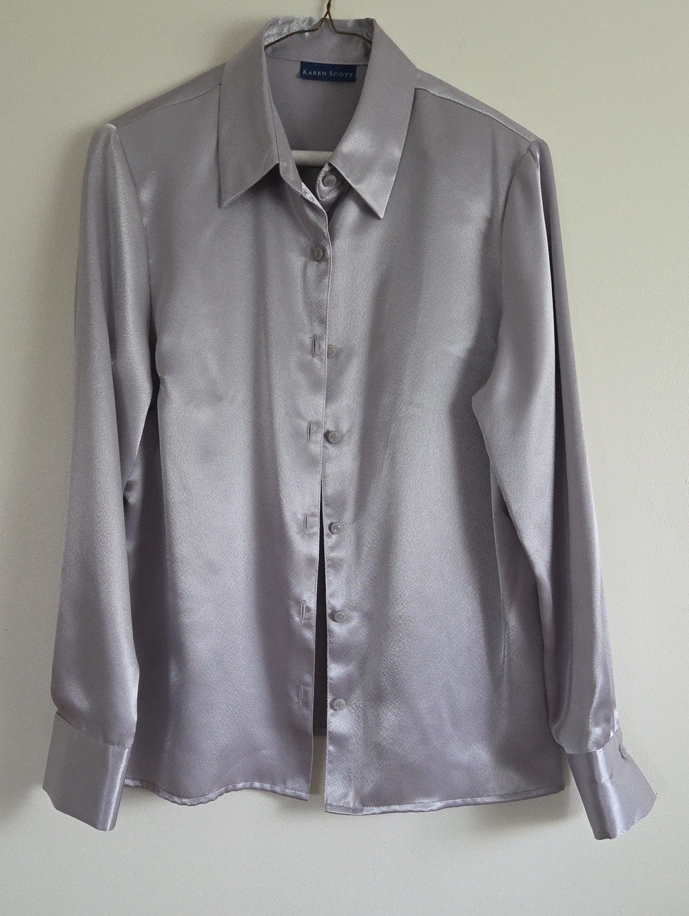 Karen Scott Light Silver Satin Button-Front Shirt